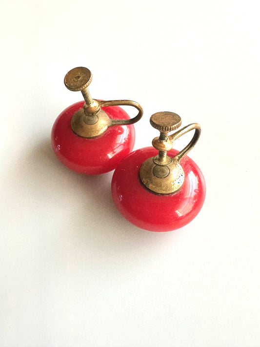 Vintage 1920’s-1940’s Red Glass Button Screw back Earrings
