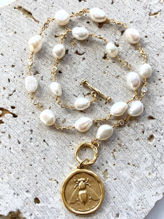 Queen Bee Baroque Pearl and CZ Toggle Necklace with Hand Casted Coin Pendant