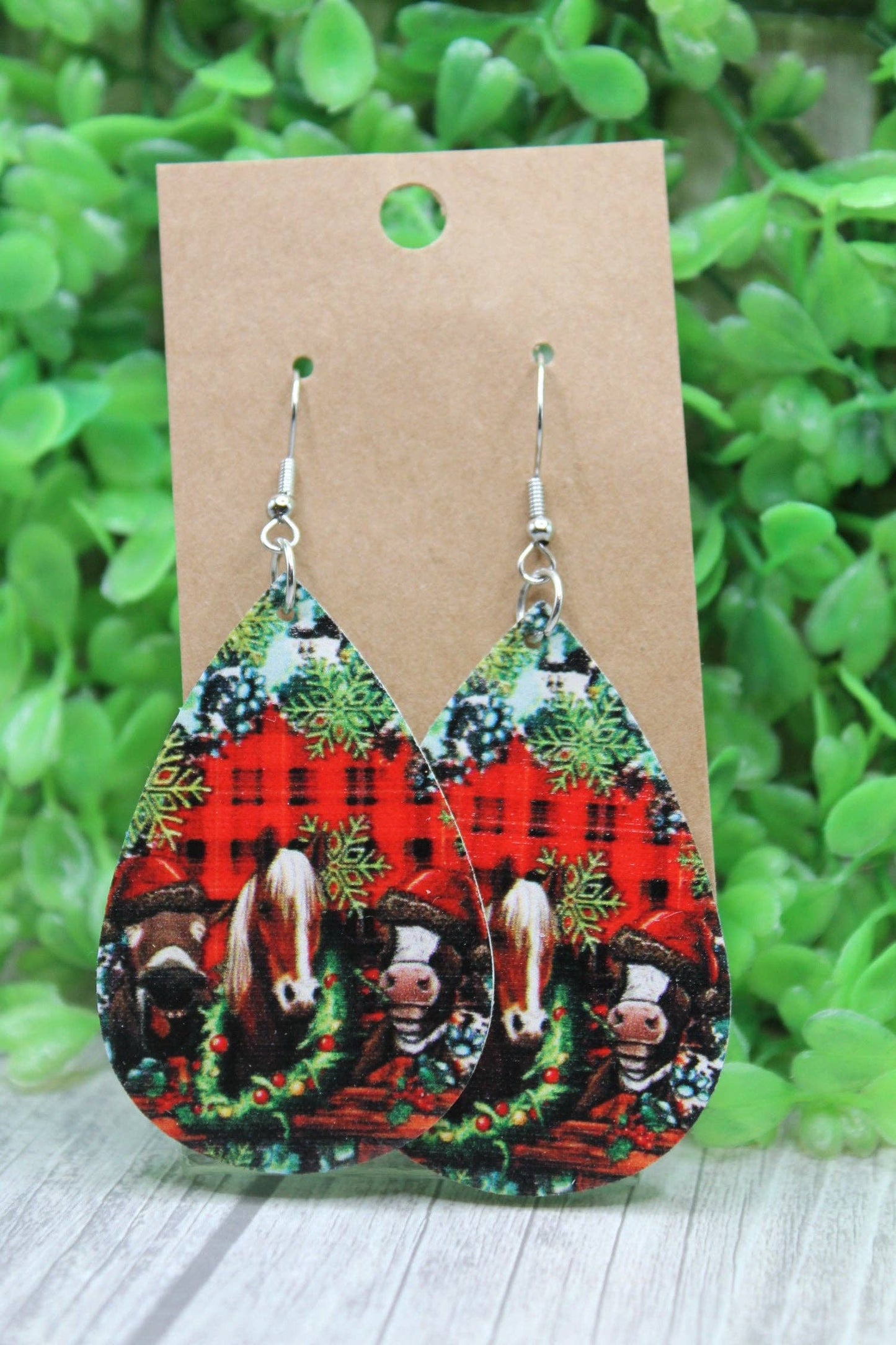 Christmas Horses Double-Sided Faux Leather Dangle Earrings