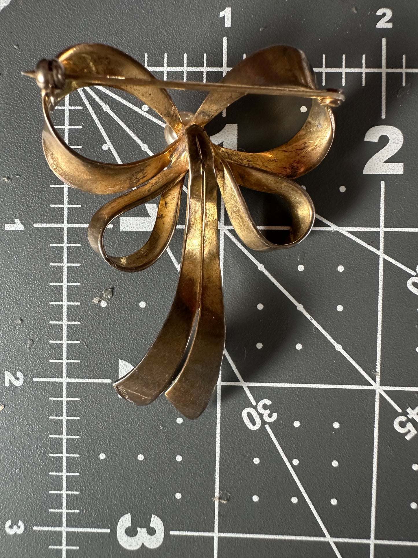 STERLING Silver Vintage Large Bow Brooch Pin Gold Vermeil Faux Pearl
