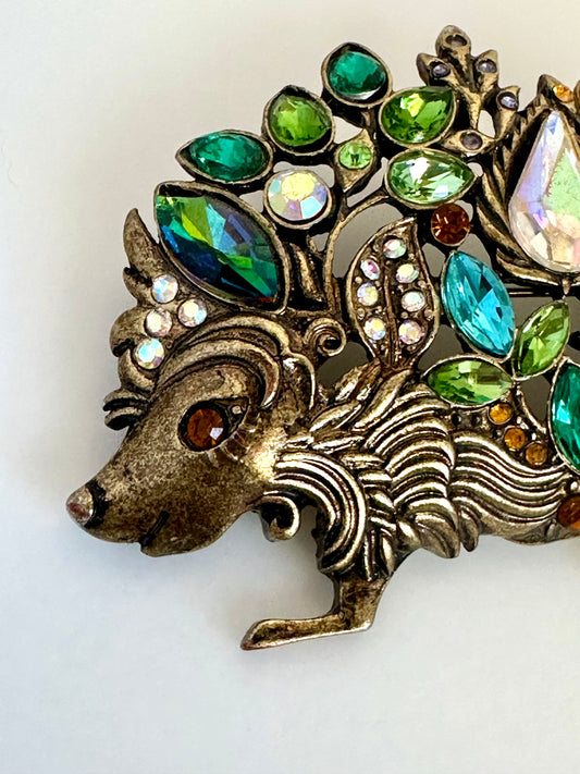 Multicolor Rhinestone Hedgehog Brooch Antiqued Goldtone Rhinestone Animal Pin