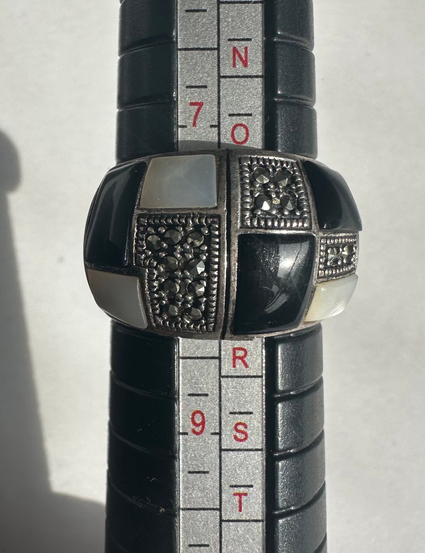 Sterling Silver Pearl Black Onyx Inlay Rhinestone Statement Ring Size 8