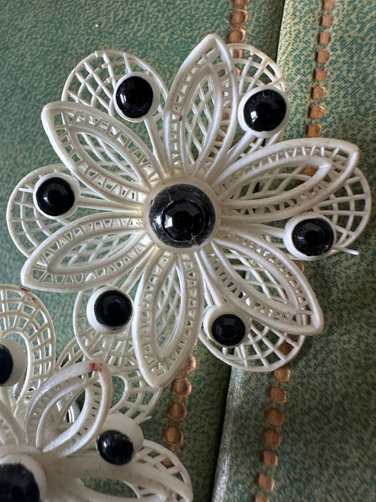 Signed Western Germany Black And White Plastics Lace Flower Earrings