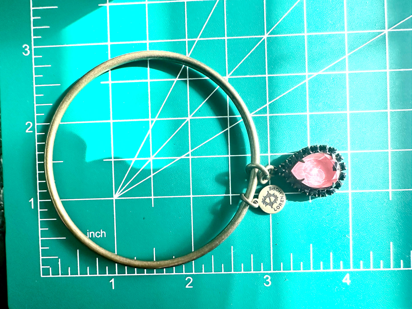 Signed Loren Hope Bangle Bracelet with Pink and Black Teardrop Rhinestone Dangle