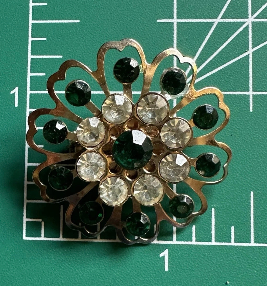 Vintage Early Mid Century Art Deco Sunburst Flower Pin Brooch Clear And Green