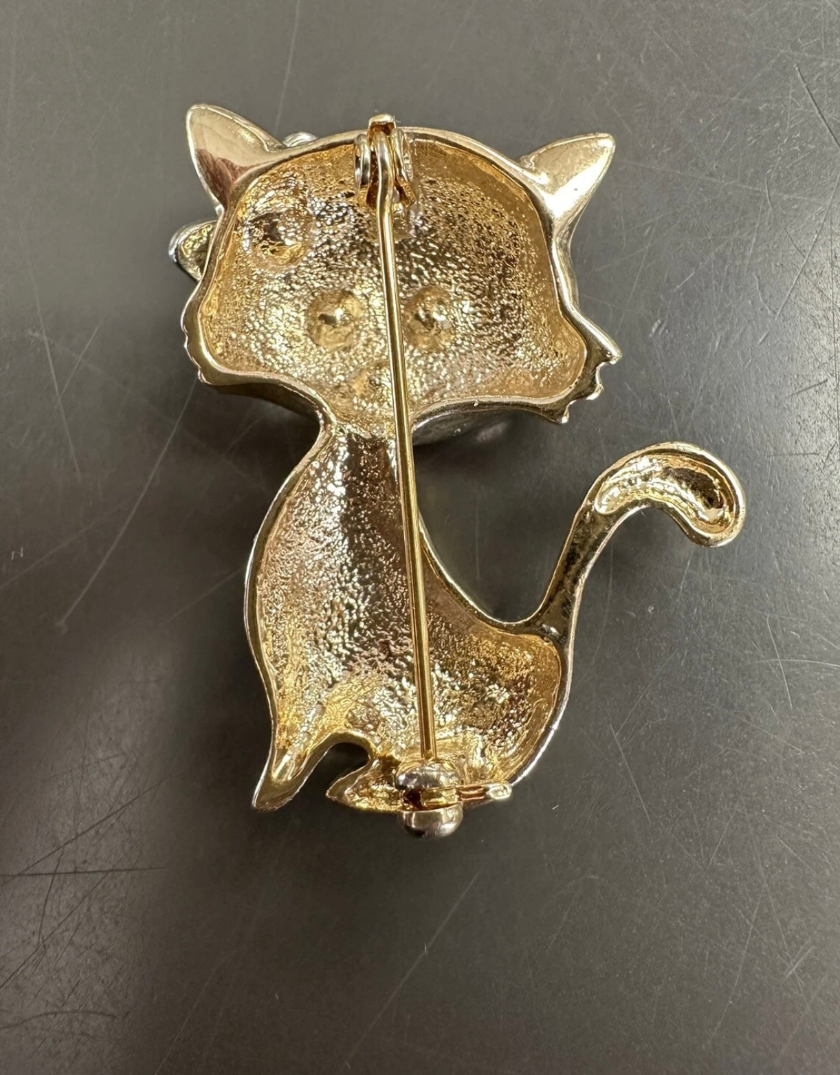 Vintage Retro Rhinestone Cat Brooch Silvertone And Goldtone Pin