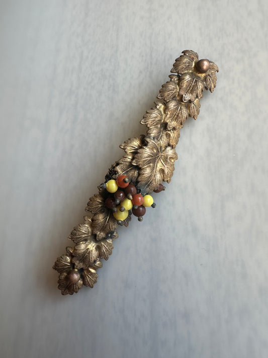 Early Miriam Haskell Bar Brooch Pin With Leaves And Glass Beads Unsigned Haskell