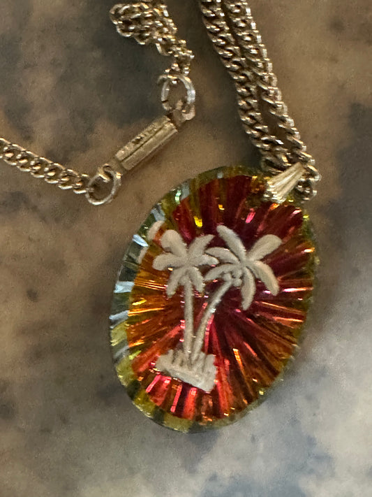 Vintage Souvenir Palm Tree Prism Necklace With 24” Chain Box Tab Signed GERMANY