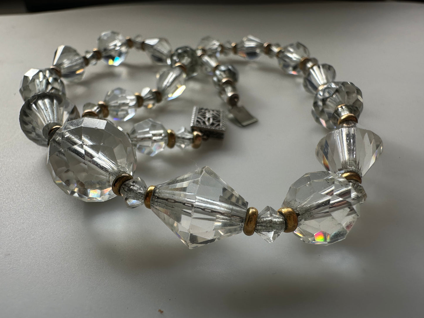 Art Deco Graduated Crystal Bead Necklace With Gold Spacers, Filigree Box Clasp