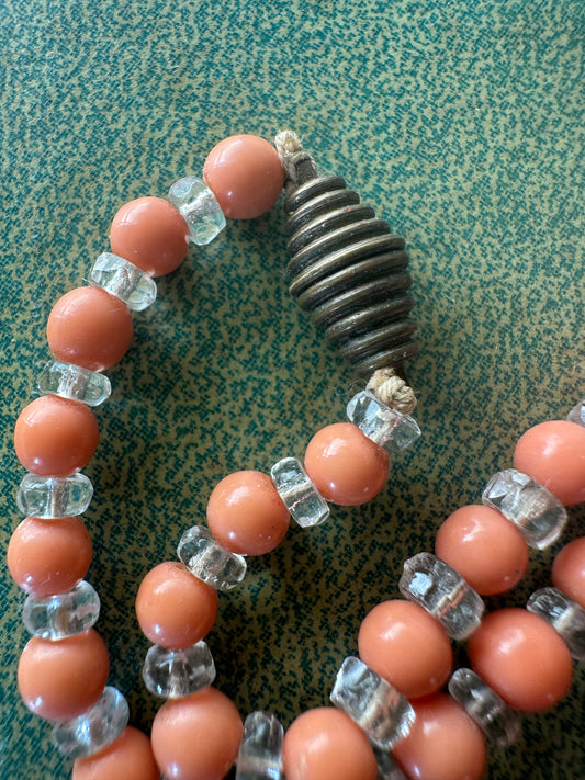 Gorgeous Art Deco Graduated Bead Necklace with Vintage Plastic Coral Beads (Celluloid) and Glass Spacers with Antique Honeycomb Clasp - has been restrung
