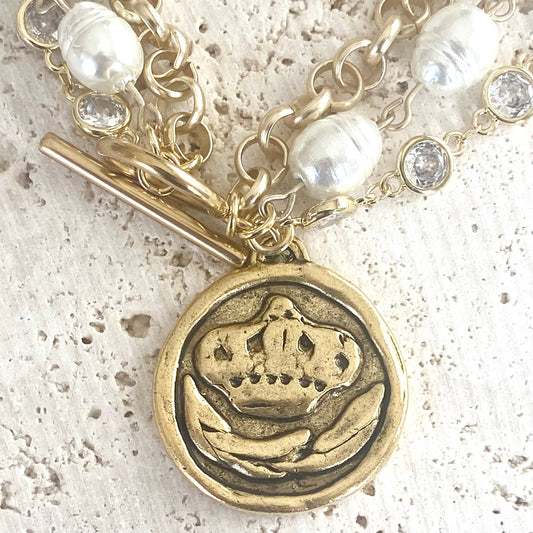 Bee Queen Triple Layer Matte Gold, CZ and Vintage Inspired Glass Pearl Coin Charm Bracelet