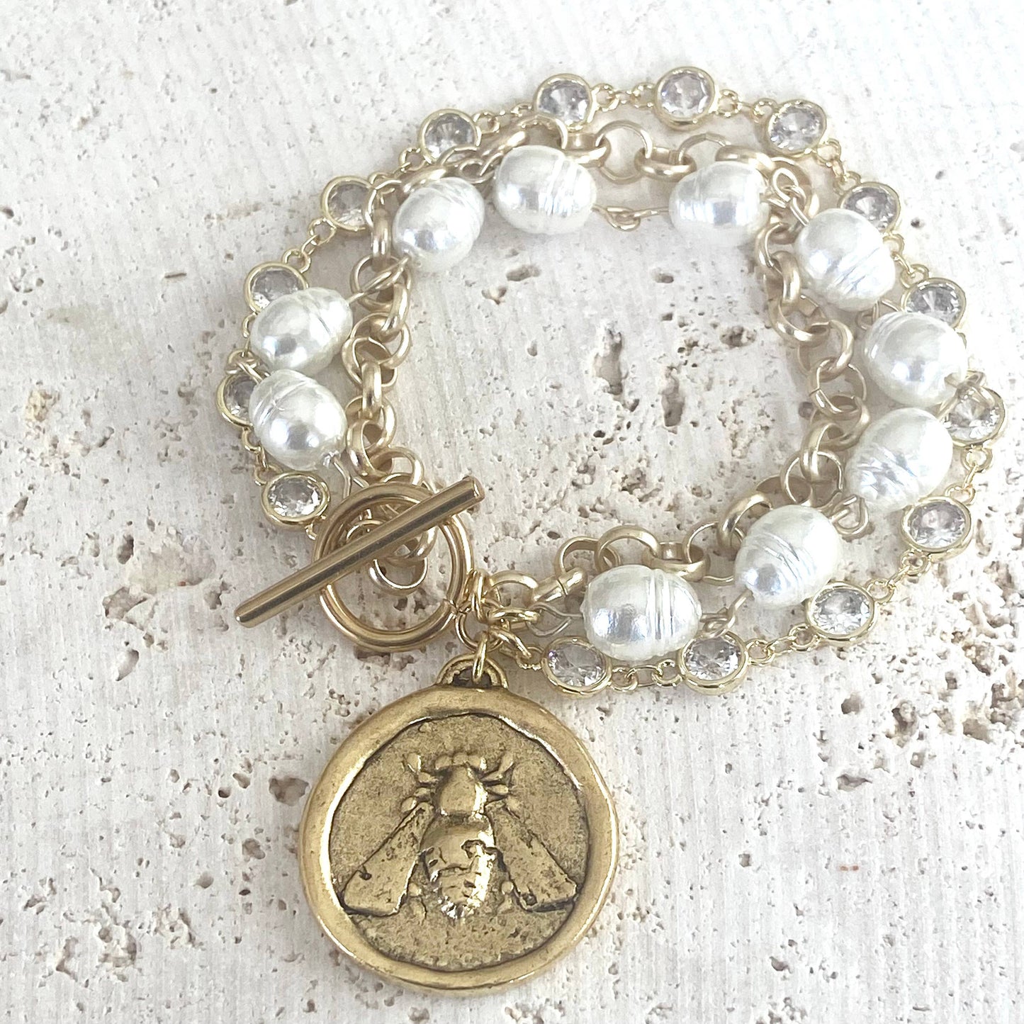 Bee Queen Triple Layer Matte Gold, CZ and Vintage Inspired Glass Pearl Coin Charm Bracelet