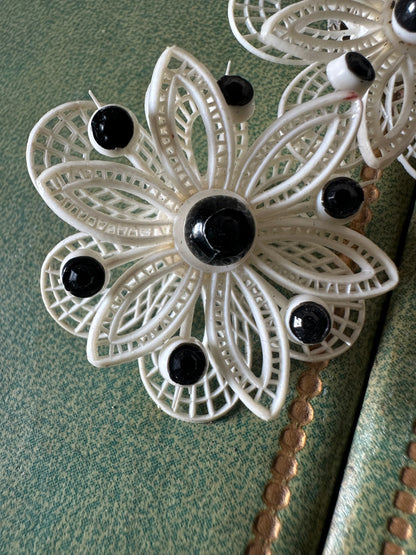 Signed Western Germany Black And White Plastics Lace Flower Earrings