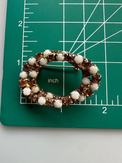 Art Deco - Mid-Century Vintage Milk Glass and Rhinestone Ovals Brooch Goldtone