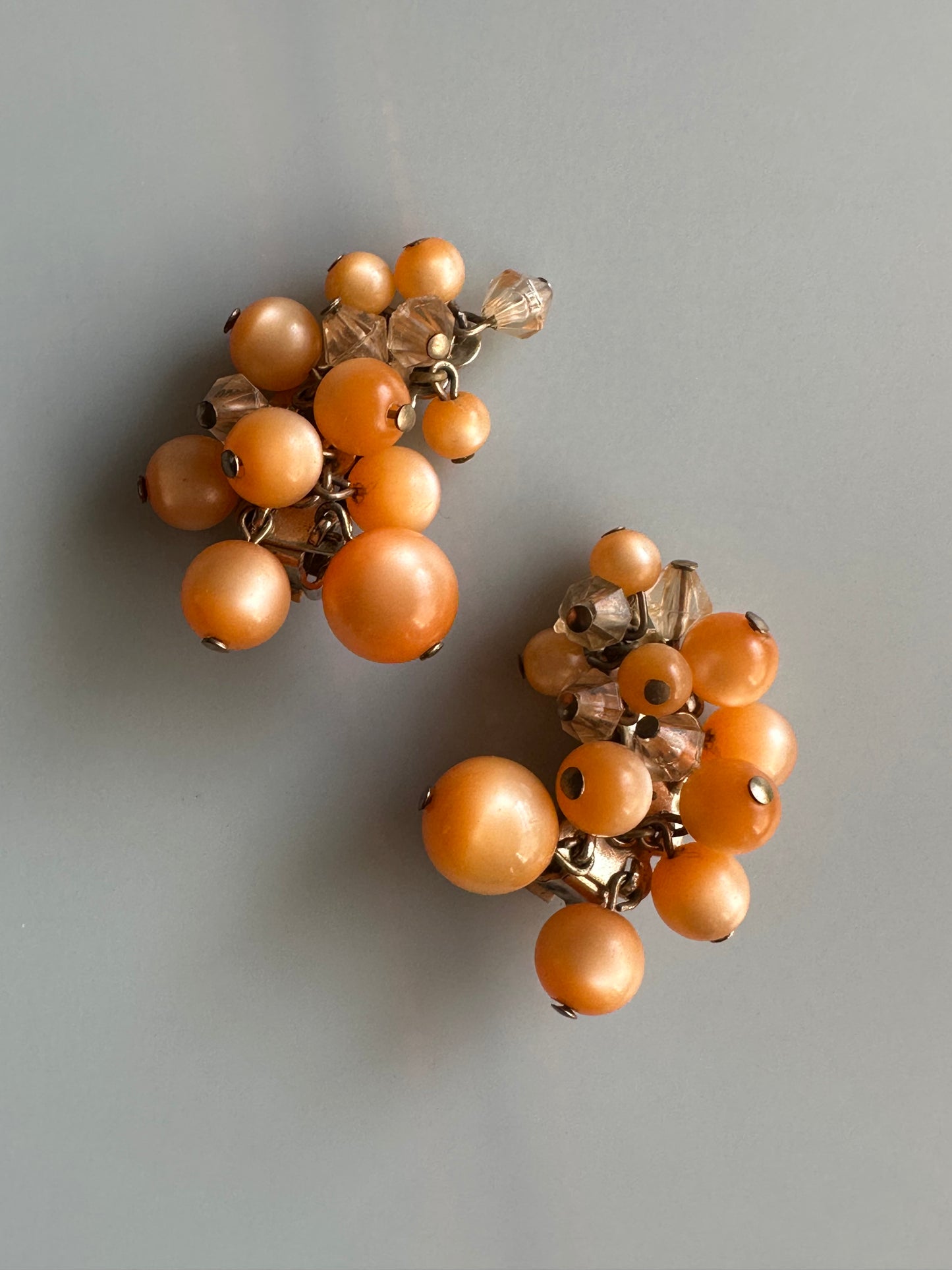 Vintage Beaded Climber Clip On Earrings Plastic Retro Dangling Peach Moonglow