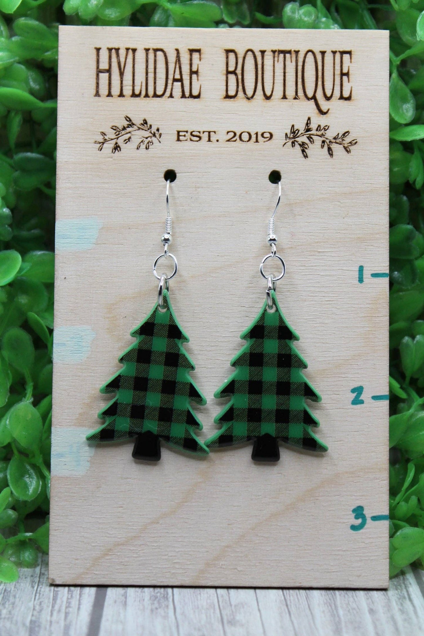 Green Plaid Christmas Tree Dangle Earrings