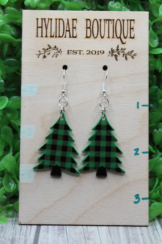 Green Plaid Christmas Tree Dangle Earrings