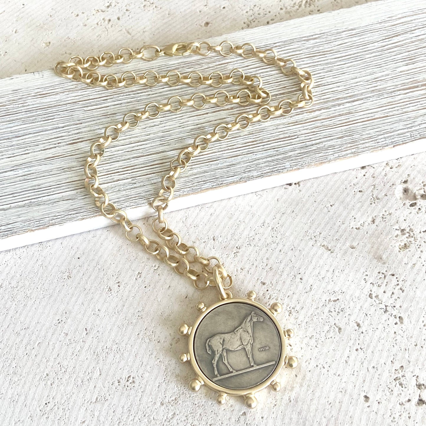 Matte Gold Equestrian Collector Rolo Chain horse Coin Charm Necklace 