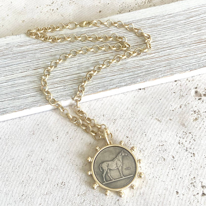 Matte Gold Equestrian Collector Rolo Chain horse Coin Charm Necklace 