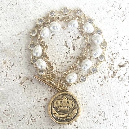 Bee Queen Triple Layer Matte Gold, CZ and Vintage Inspired Glass Pearl Coin Charm Bracelet