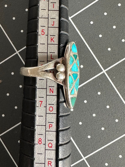 Old Pawn Turquoise Inlay Split Shank Native American Sterling Silver Ring size 6