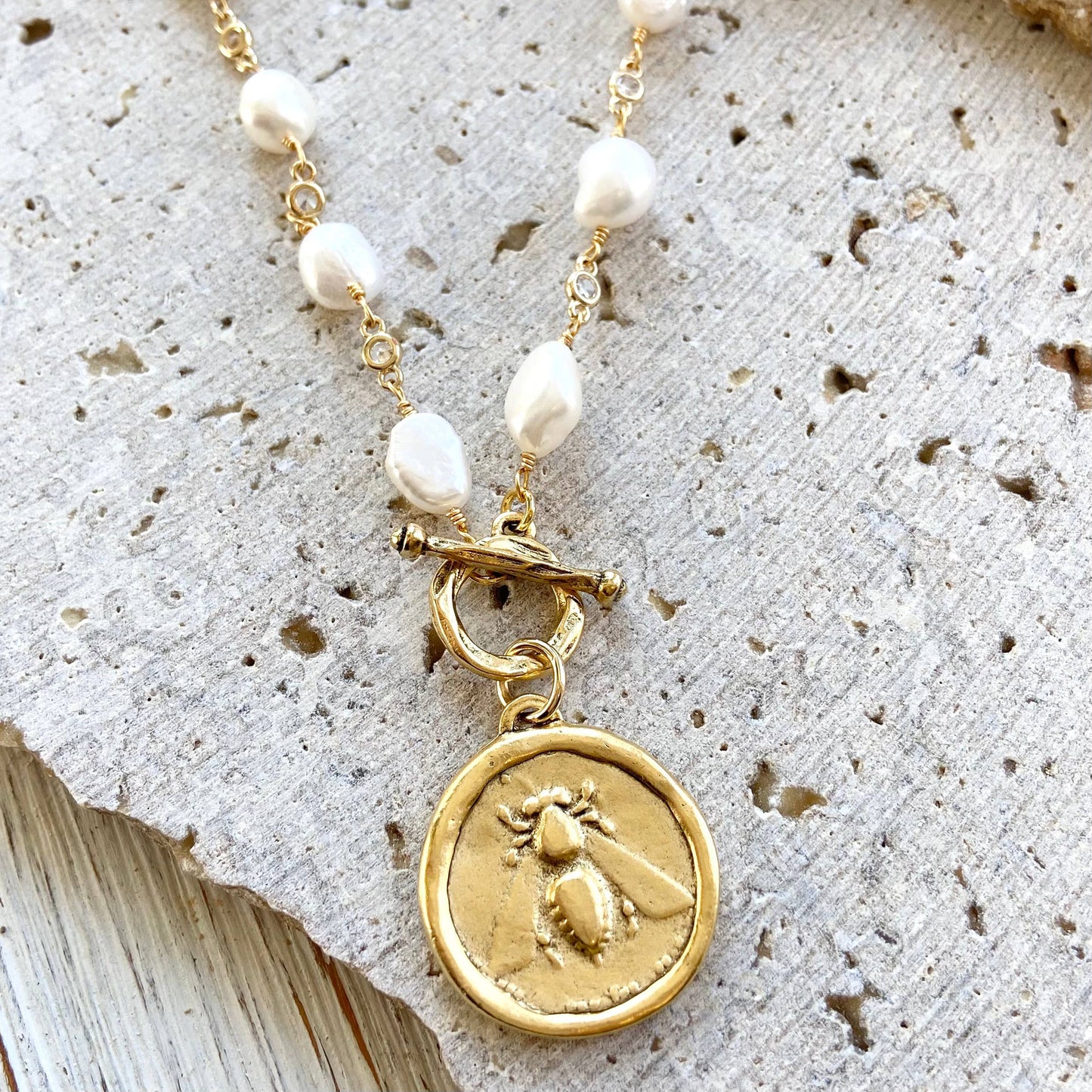 Queen Bee Baroque Pearl and CZ Toggle Necklace with Hand Casted Coin Pendant