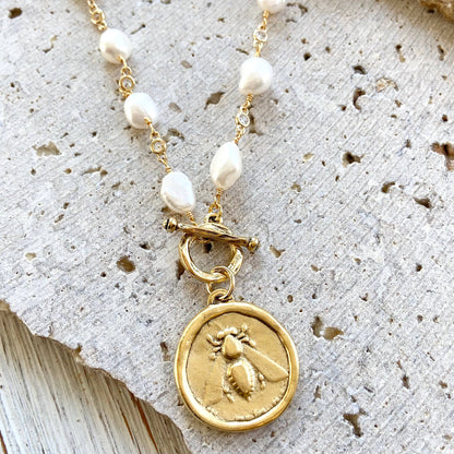Queen Bee Baroque Pearl and CZ Toggle Necklace with Hand Casted Coin Pendant
