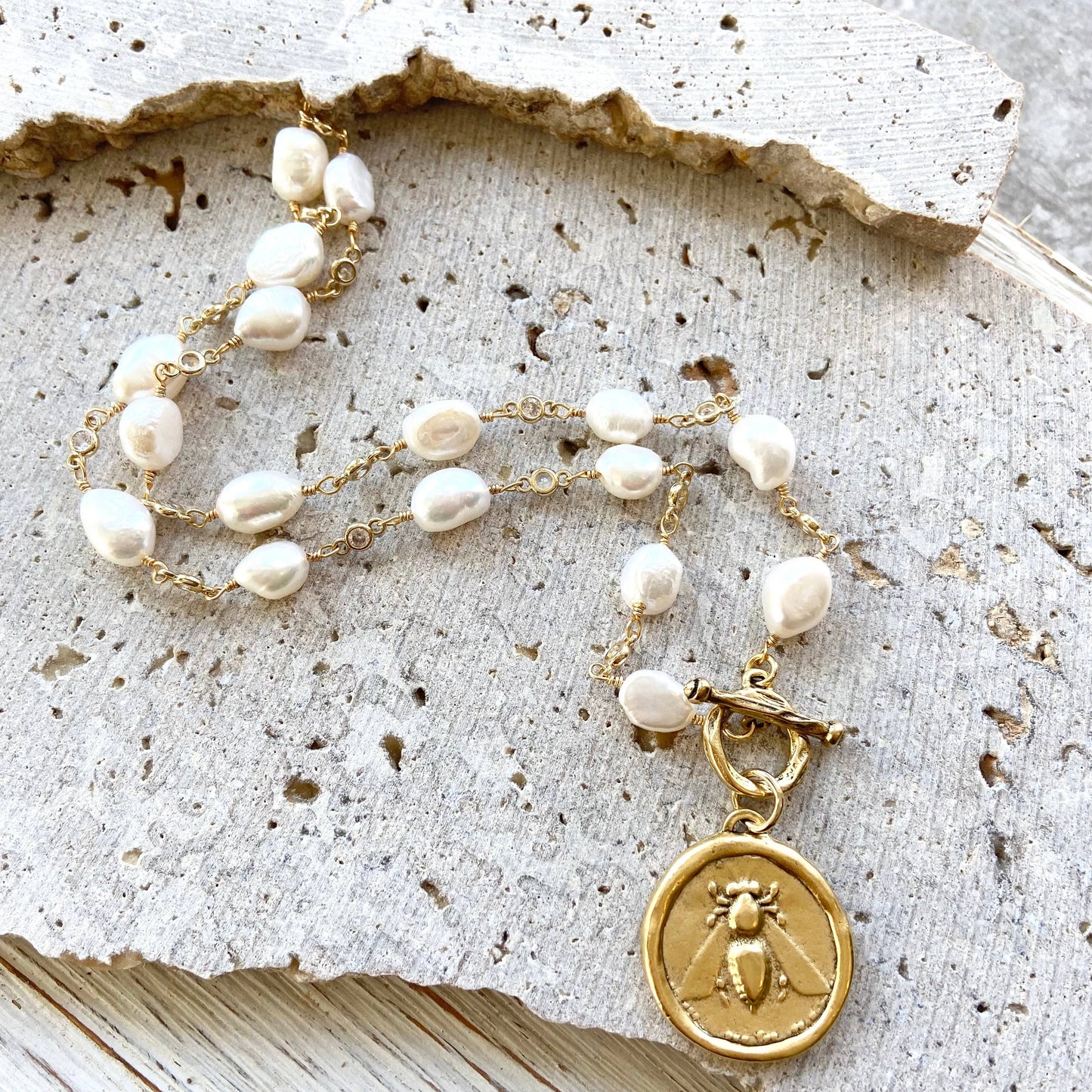 Queen Bee Baroque Pearl and CZ Toggle Necklace with Hand Casted Coin Pendant