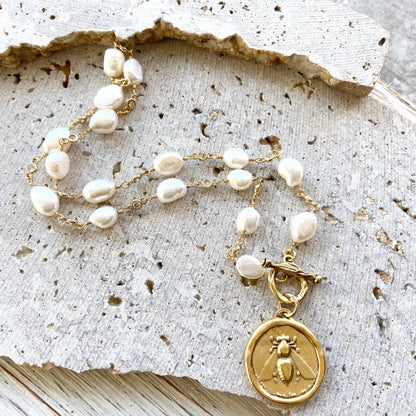 Queen Bee Baroque Pearl and CZ Toggle Necklace with Hand Casted Coin Pendant