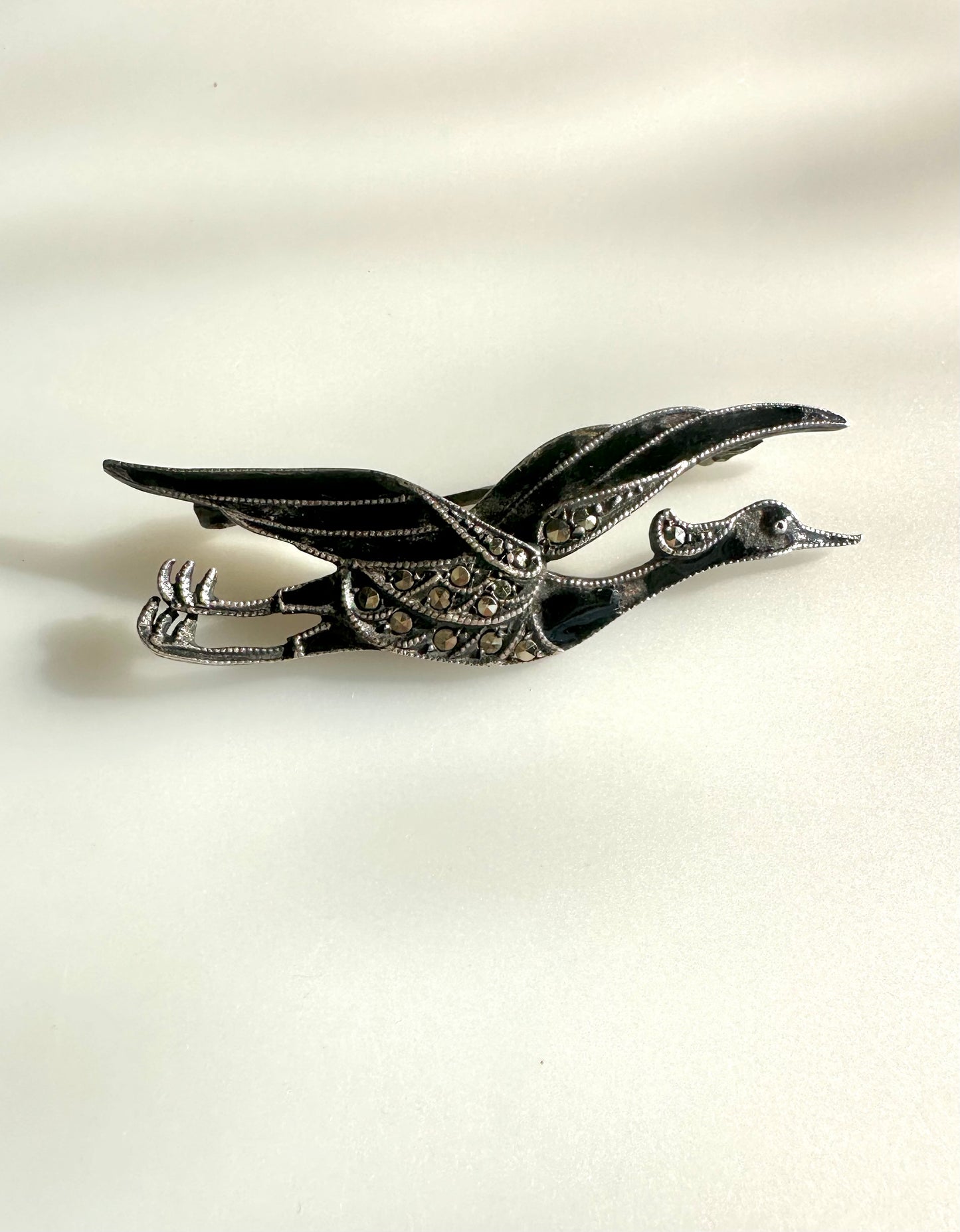Art Deco/Art Nouveau ~ 830 Silver, Enamel, Marcasite Bird Brooch - Heron