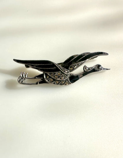 Art Deco/Art Nouveau ~ 830 Silver, Enamel, Marcasite Bird Brooch - Heron