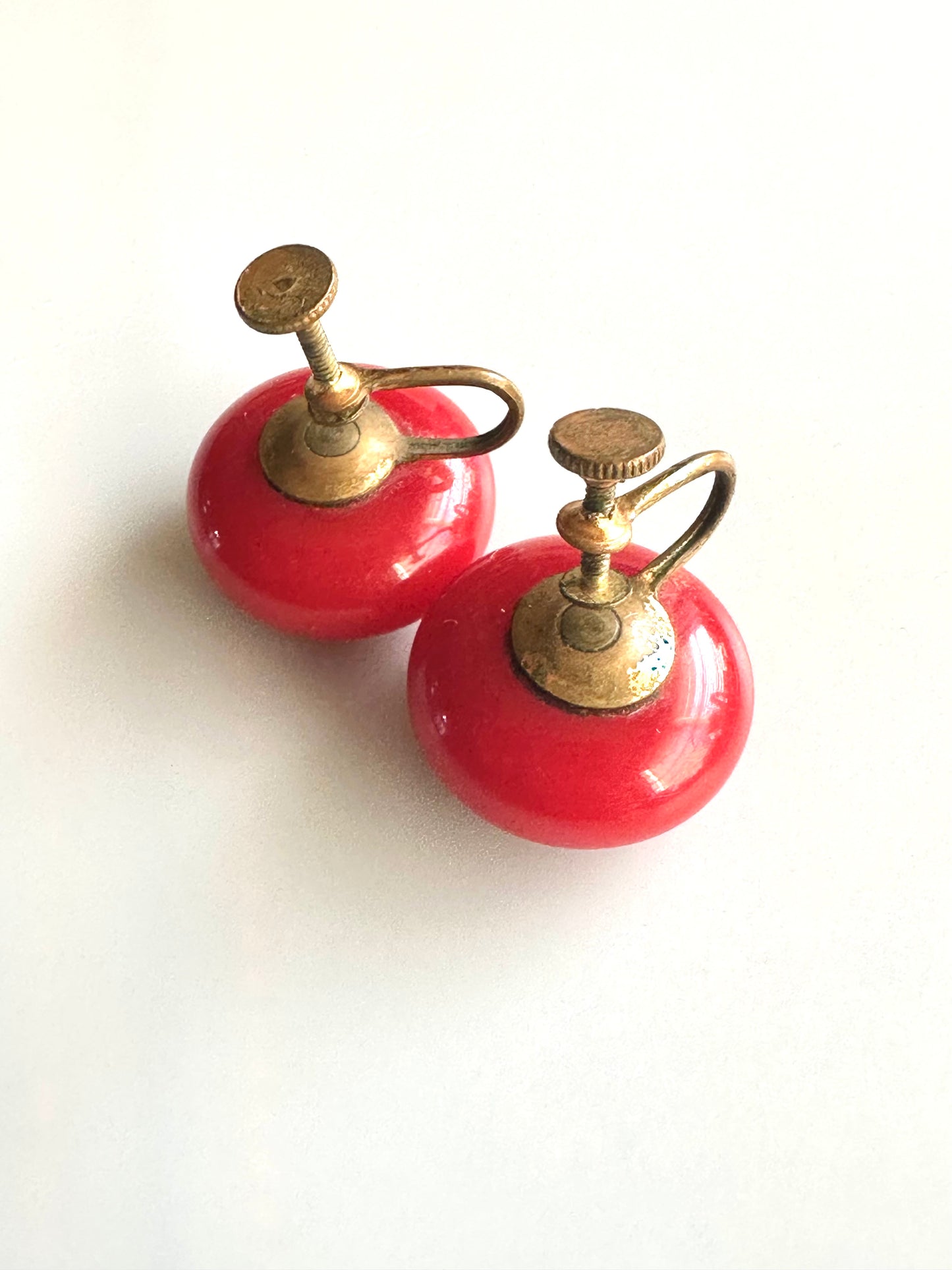 Vintage 1920’s-1940’s Red Glass Button Screw back Earrings