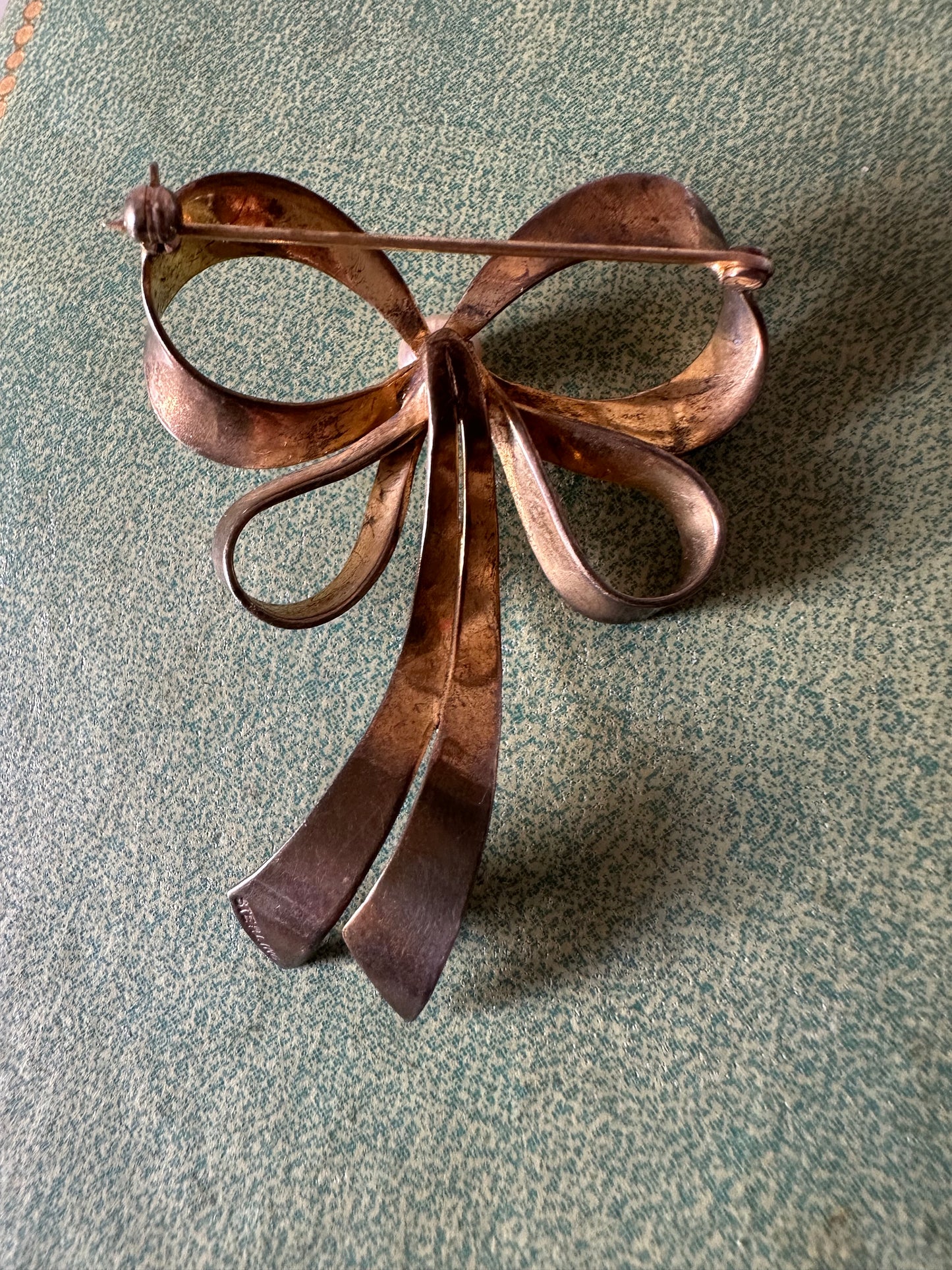 STERLING Silver Vintage Large Bow Brooch Pin Gold Vermeil Faux Pearl