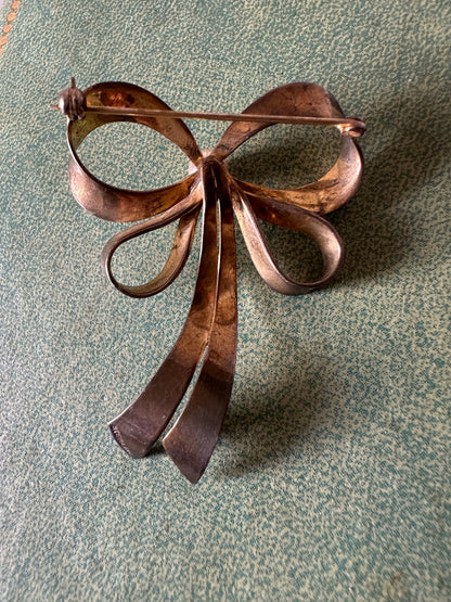 STERLING Silver Vintage Large Bow Brooch Pin Gold Vermeil Faux Pearl