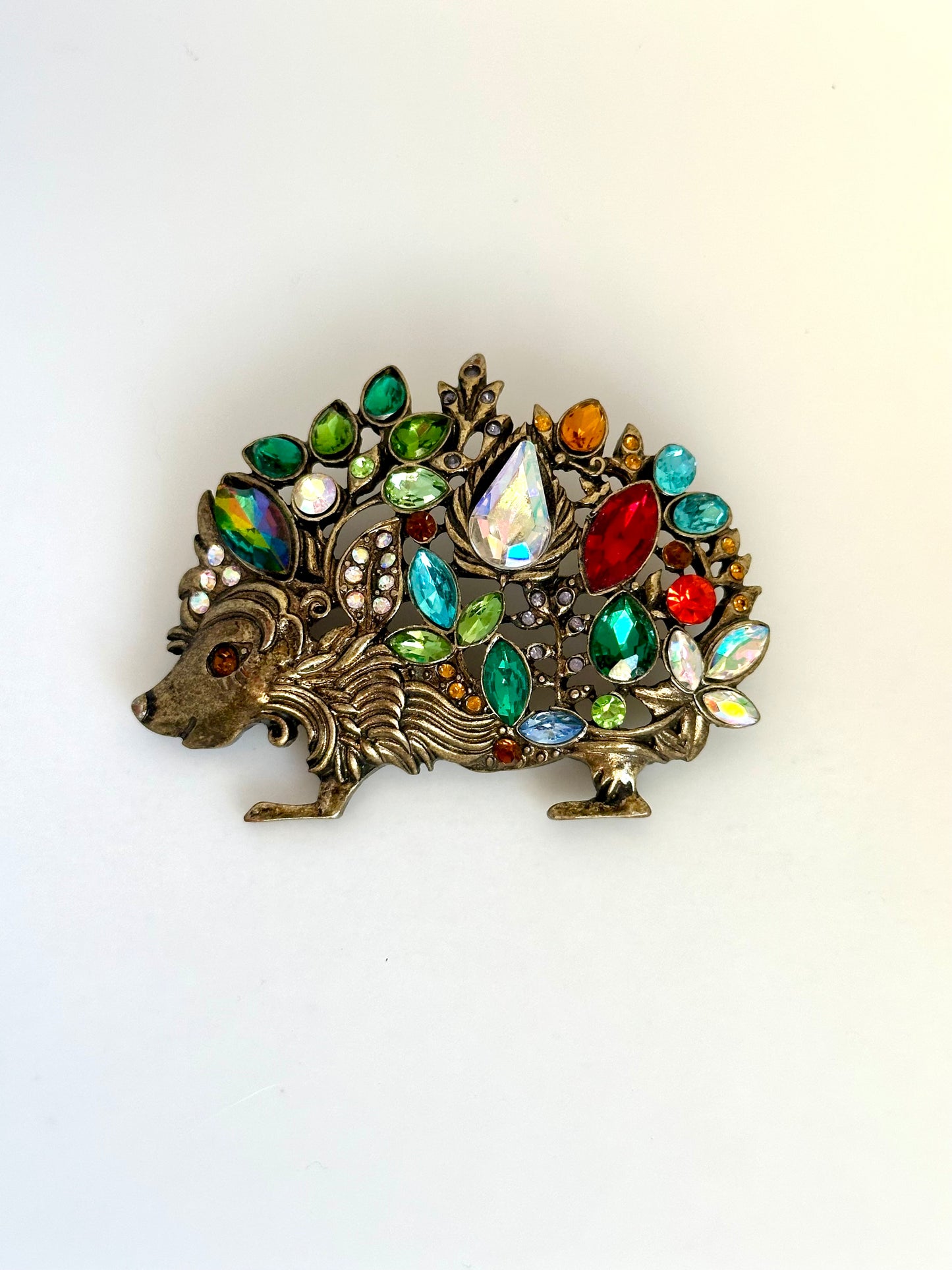 Multicolor Rhinestone Hedgehog Brooch Antiqued Goldtone Rhinestone Animal Pin
