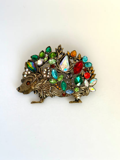 Multicolor Rhinestone Hedgehog Brooch Antiqued Goldtone Rhinestone Animal Pin