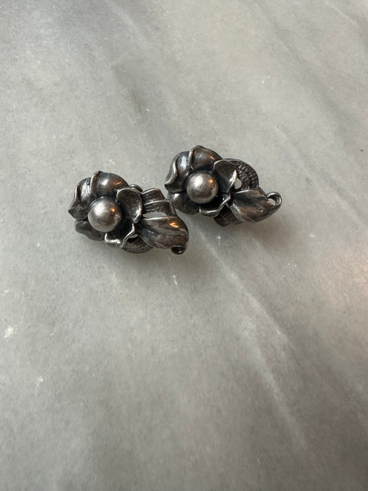 Art Nouveau Sterling Silver Floral Screwback Earrings