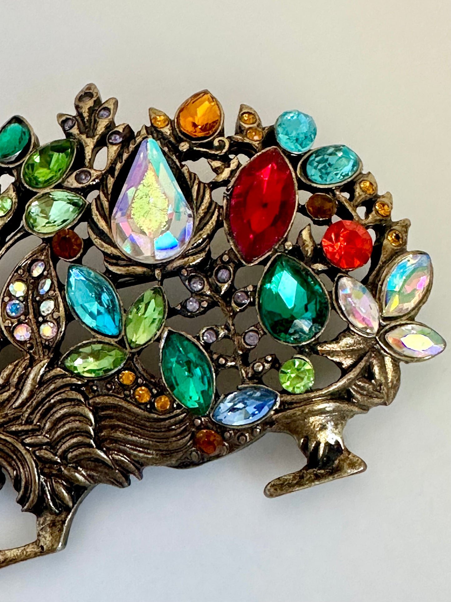 Multicolor Rhinestone Hedgehog Brooch Antiqued Goldtone Rhinestone Animal Pin