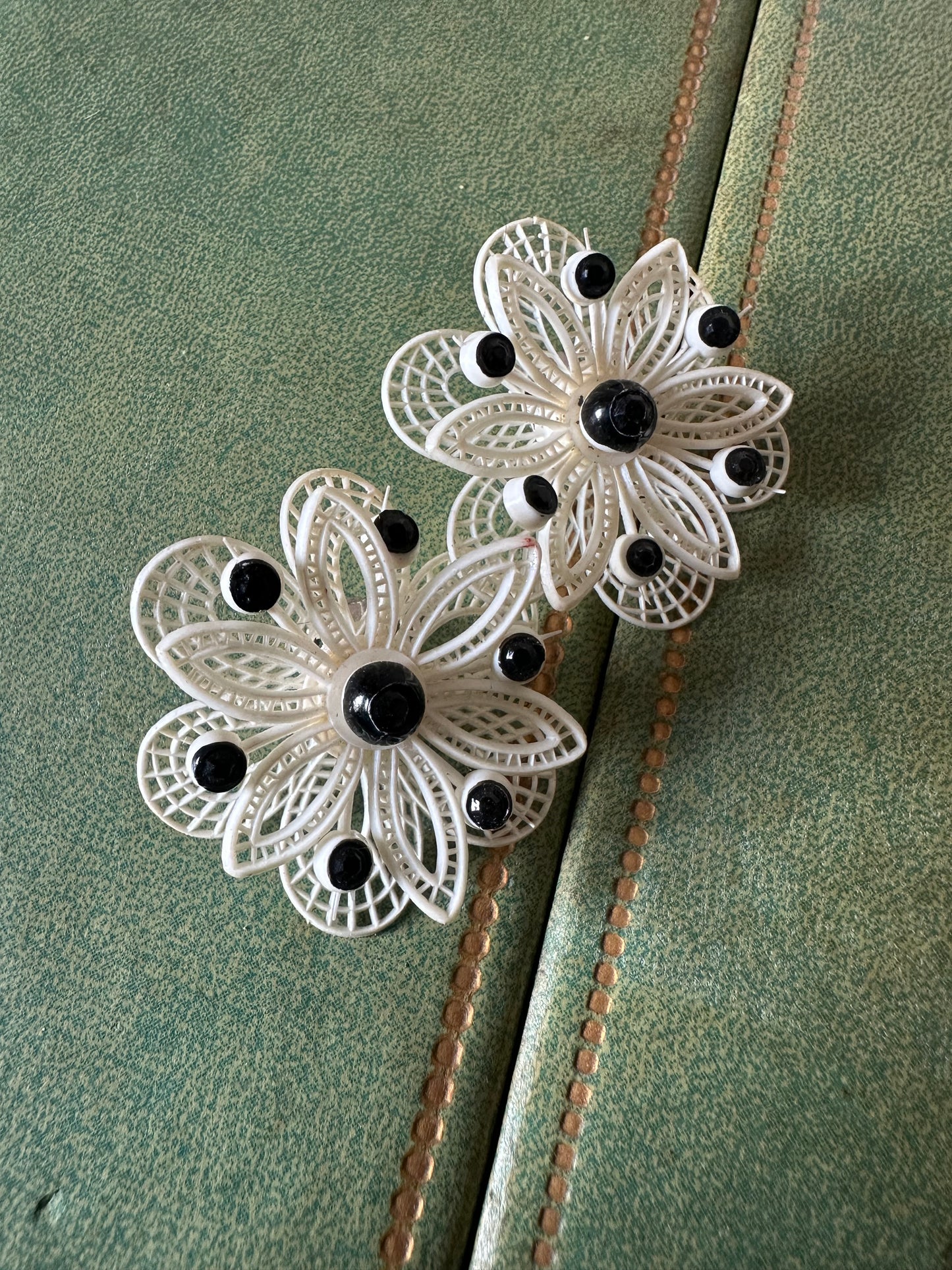 Signed Western Germany Black And White Plastics Lace Flower Earrings