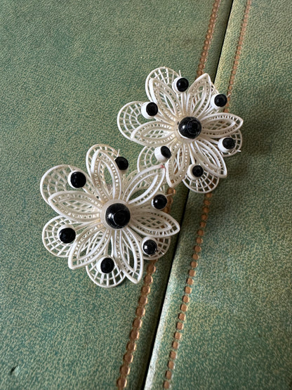 Signed Western Germany Black And White Plastics Lace Flower Earrings
