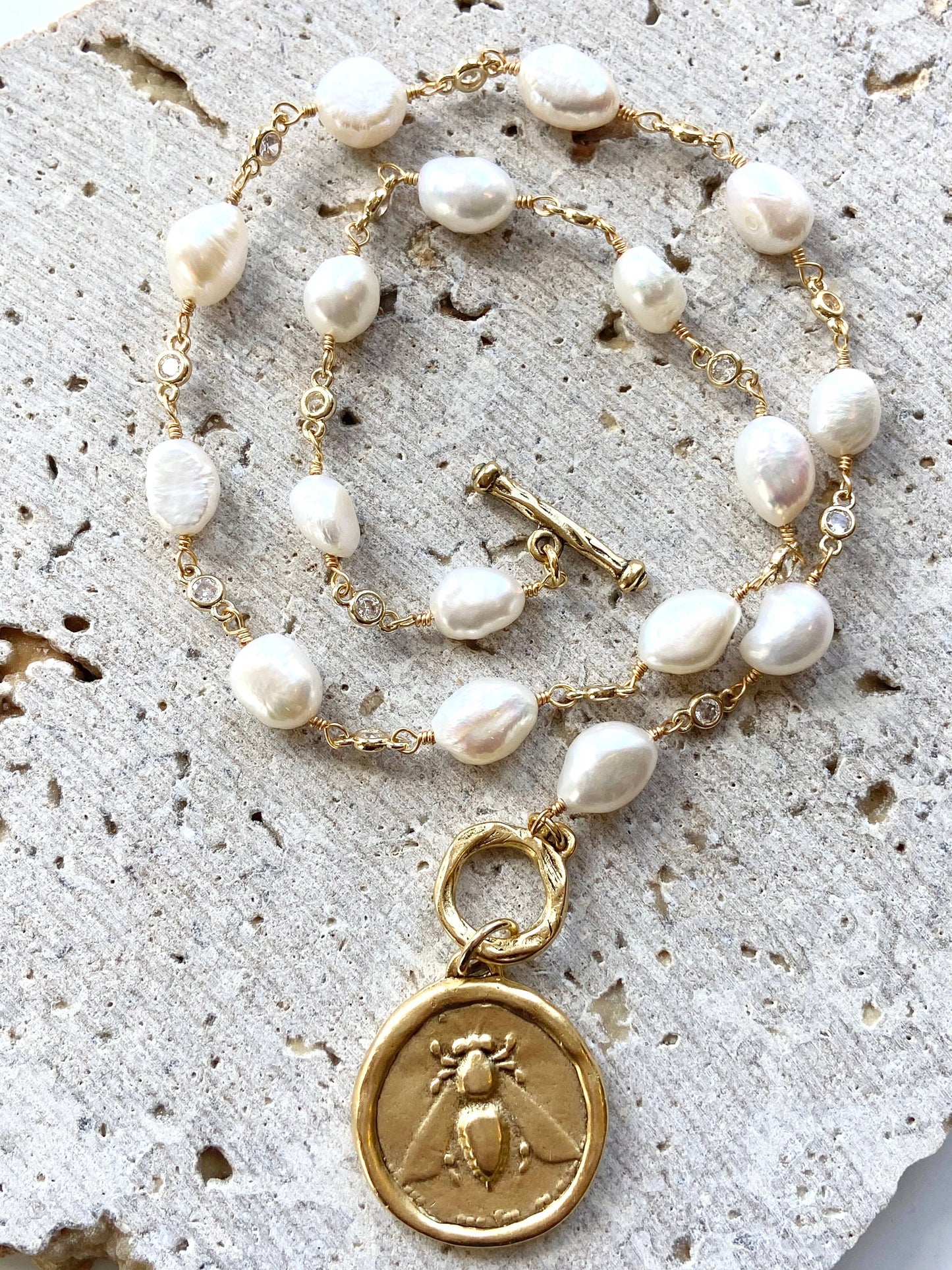 Queen Bee Baroque Pearl and CZ Toggle Necklace with Hand Casted Coin Pendant