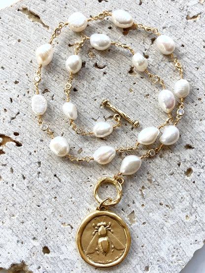 Queen Bee Baroque Pearl and CZ Toggle Necklace with Hand Casted Coin Pendant