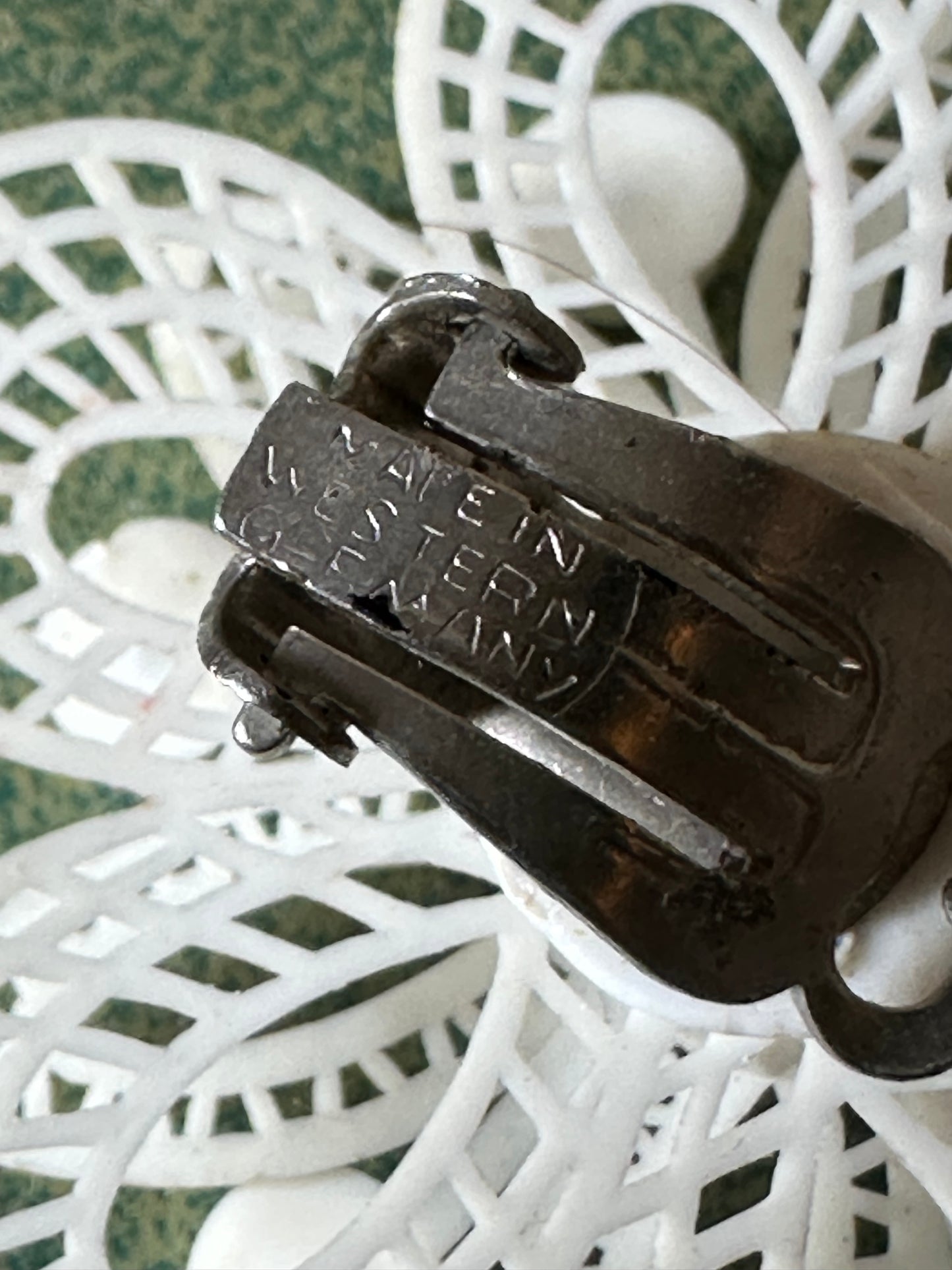 Signed Western Germany Black And White Plastics Lace Flower Earrings