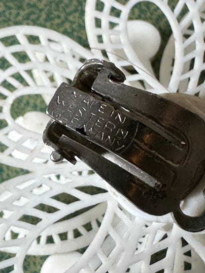 Signed Western Germany Black And White Plastics Lace Flower Earrings