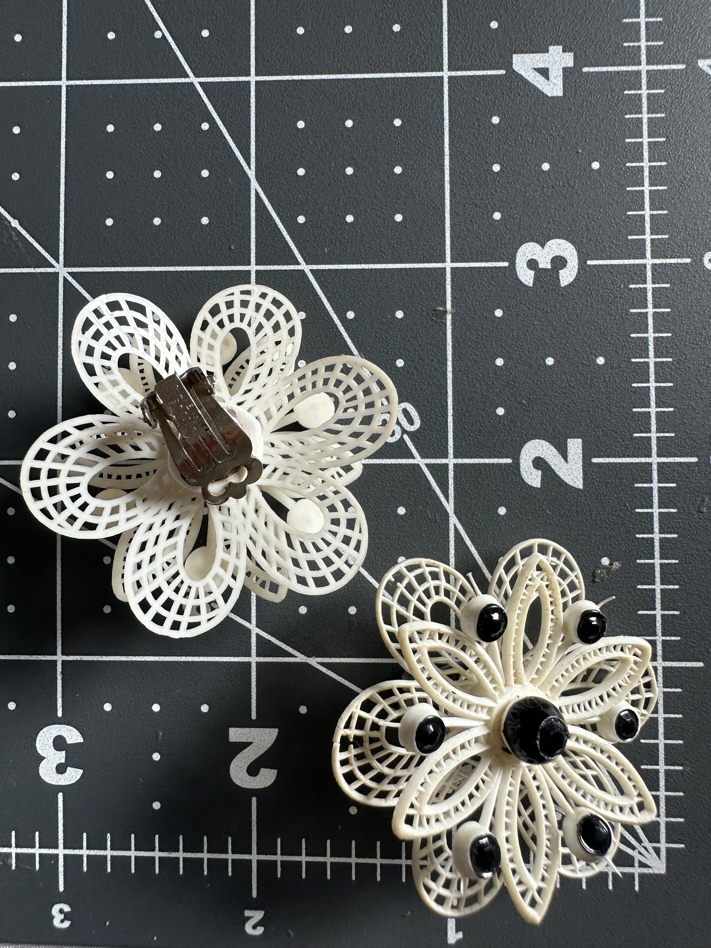 Signed Western Germany Black And White Plastics Lace Flower Earrings