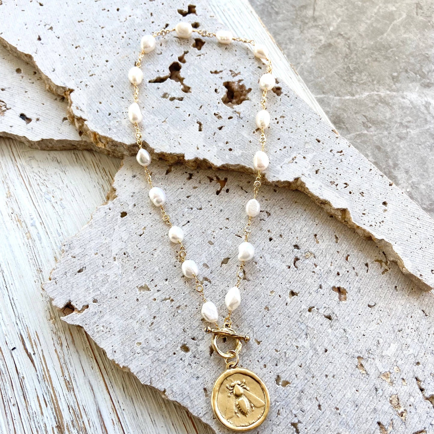 Queen Bee Baroque Pearl and CZ Toggle Necklace with Hand Casted Coin Pendant