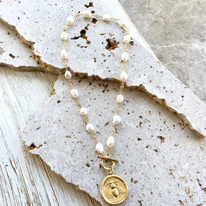 Queen Bee Baroque Pearl and CZ Toggle Necklace with Hand Casted Coin Pendant