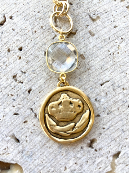 Queen Bee Baroque Pearl and CZ Toggle Necklace with Hand Casted Coin Pendant