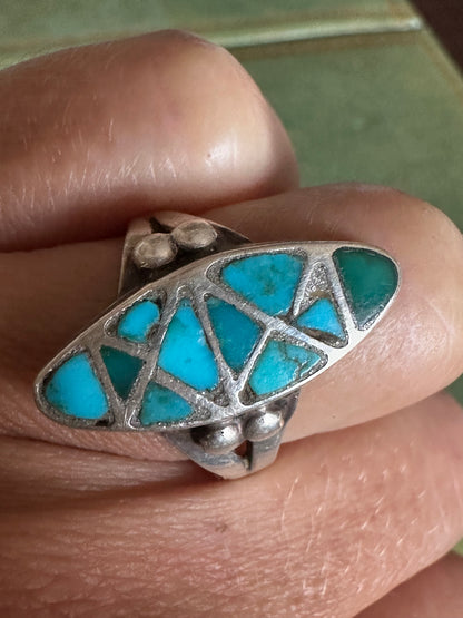 Old Pawn Turquoise Inlay Split Shank Native American Sterling Silver Ring size 6