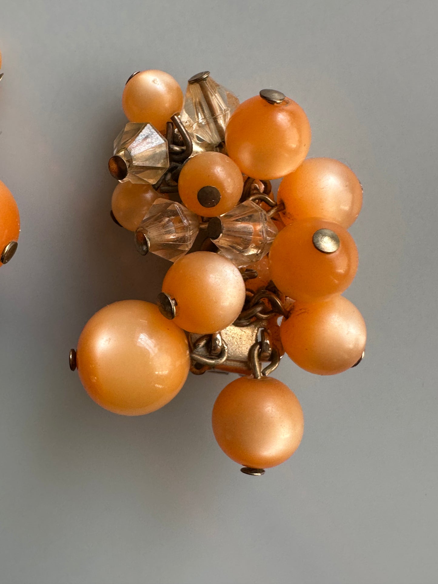 Vintage Beaded Climber Clip On Earrings Plastic Retro Dangling Peach Moonglow